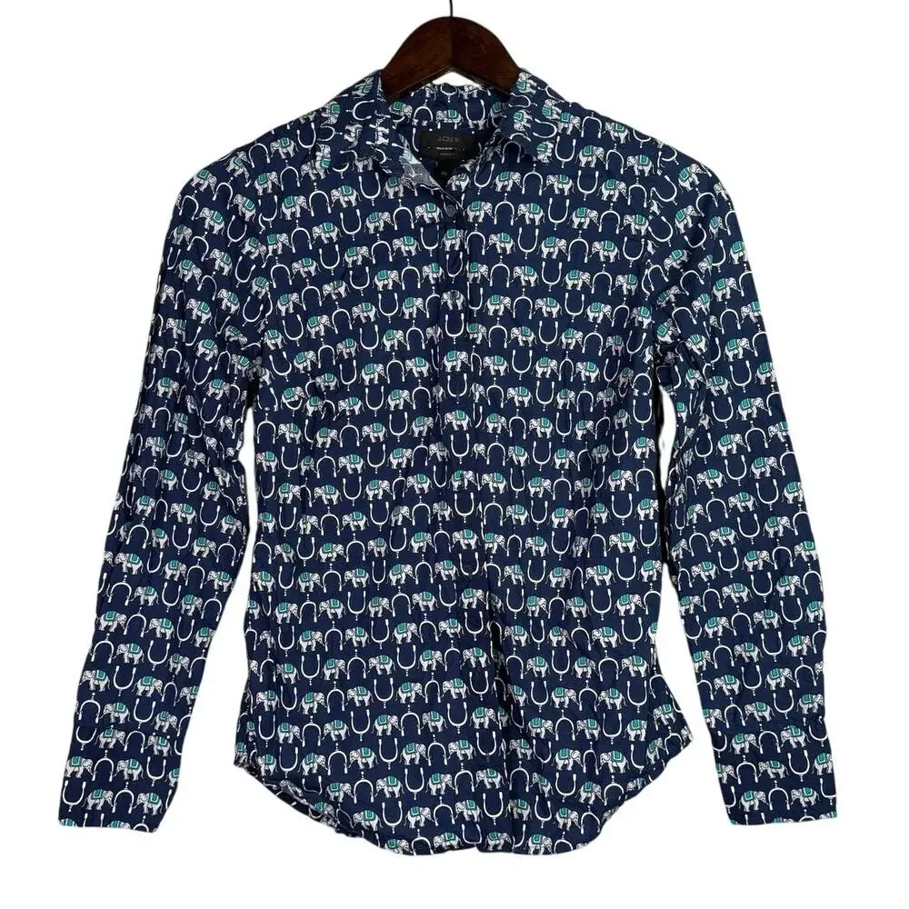 J. Crew Long Sleeve Perfect Fit Novelty Print Elephants Shirt 00 Navy Blue White